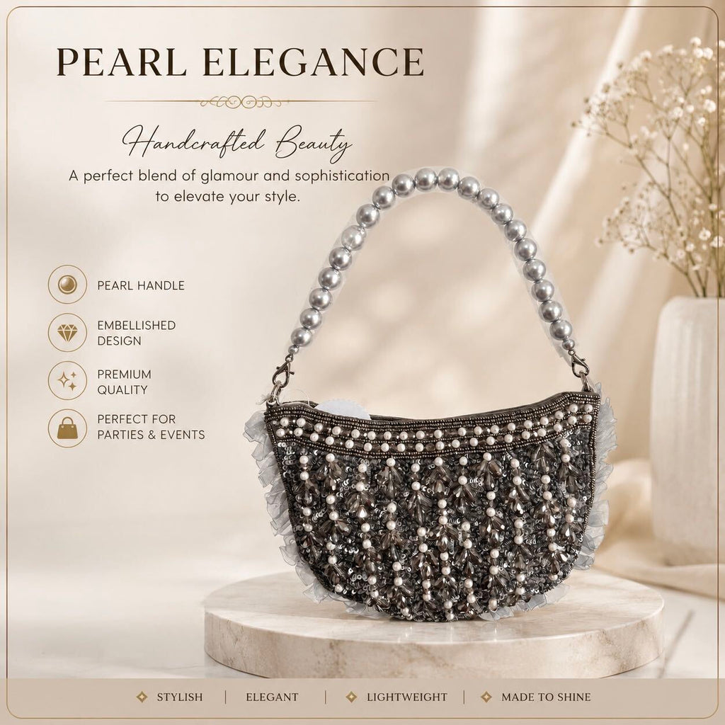 Handcrafted Charcoal Pearl Embellished Crescent Bag