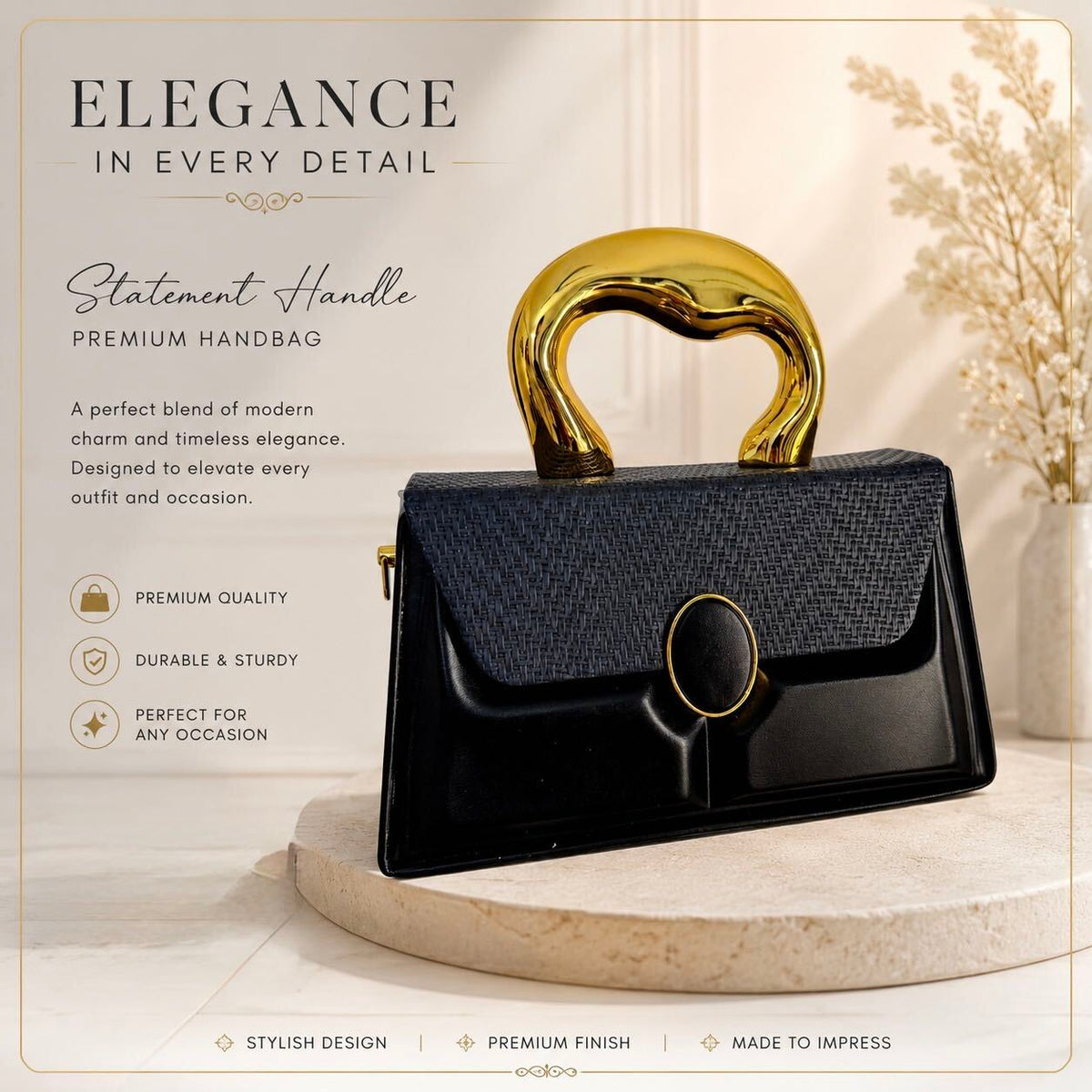 Statement Handle Black Handbag with Gold Detailing