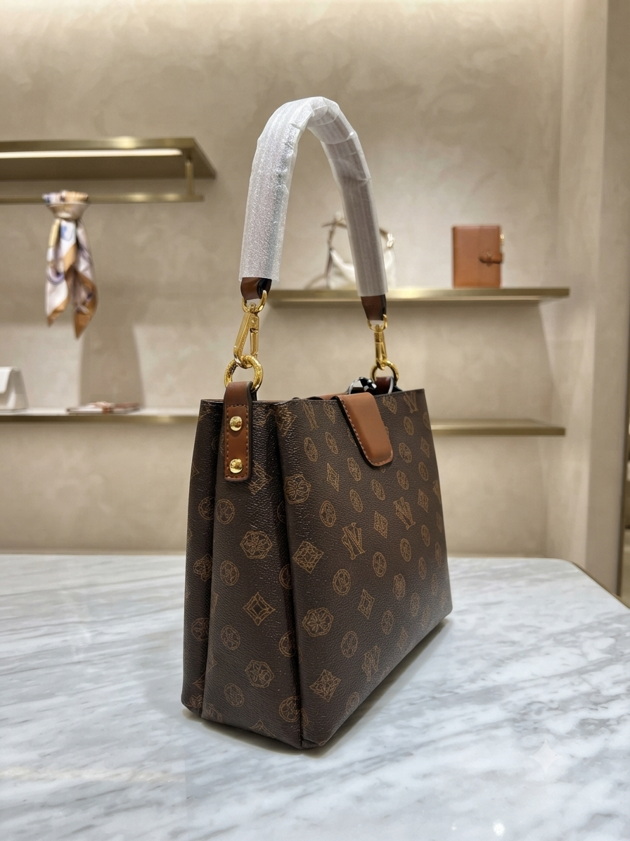 Classic Monogram Signature Bucket Bag with Tan Trim & Gold-Tone Hardware