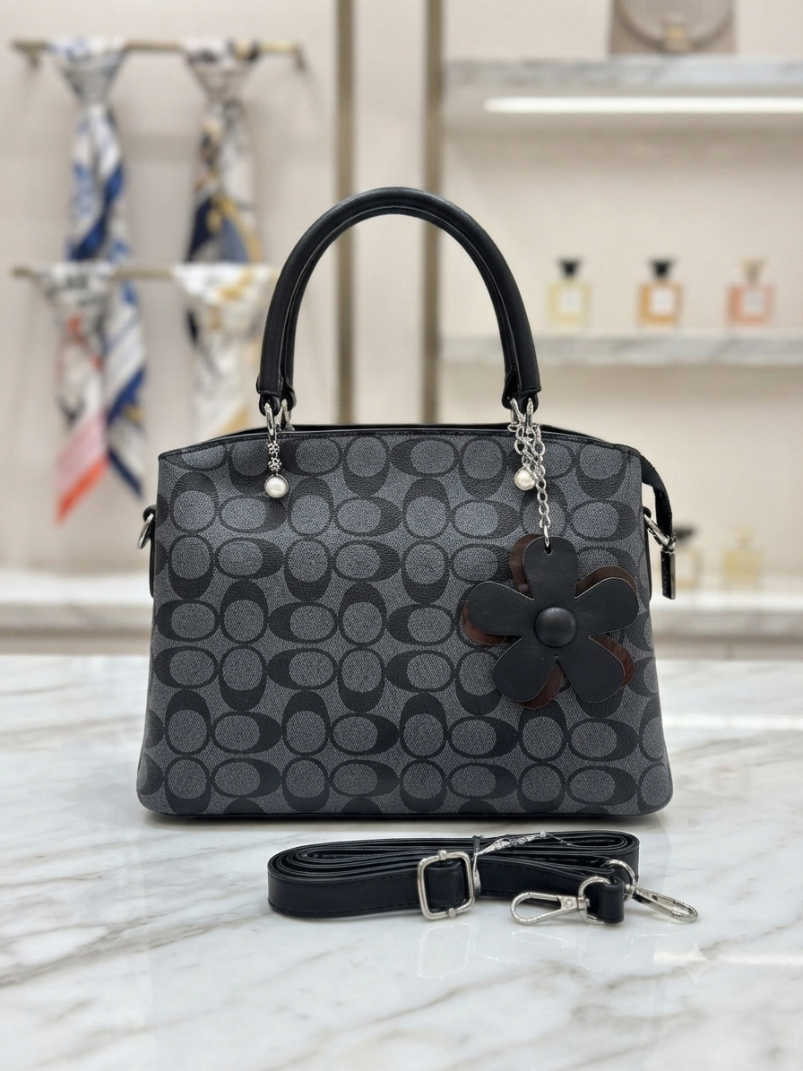 Elegant Monogram Signature Satchel Bag with Flower Charm & Crossbody Strap