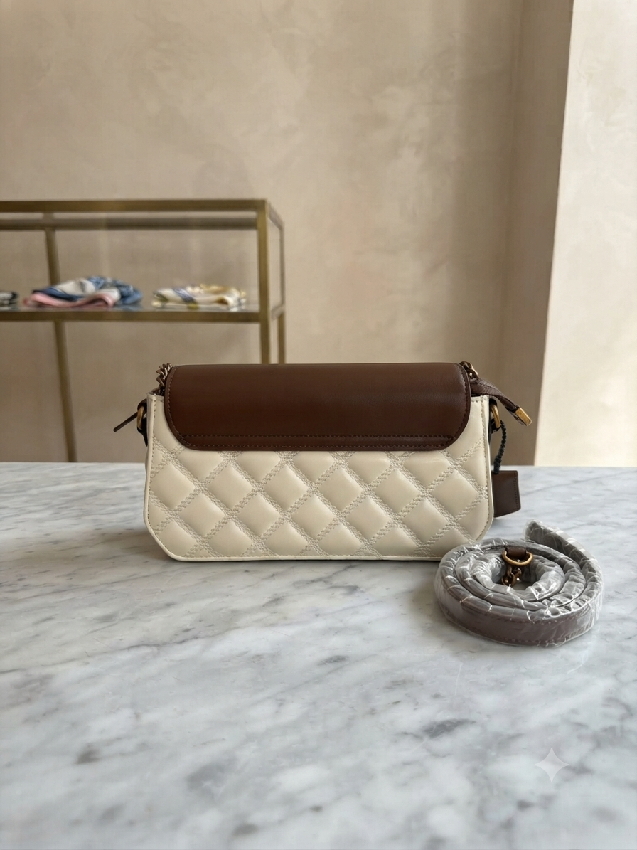 Elegant Brown & Off-White Diamond Quilted Crossbody Bag with Antique Gold Hardware