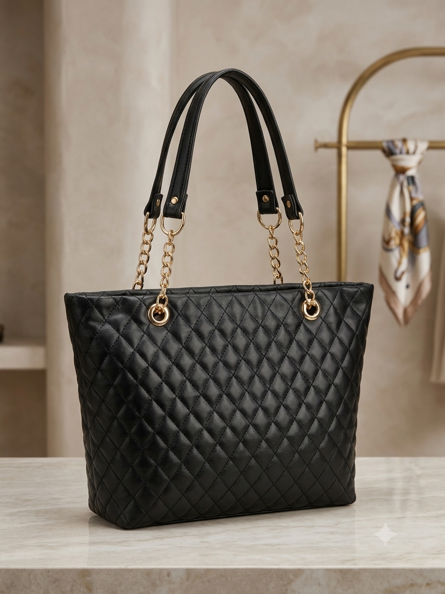 Quilted Leather-Look Tote Bag with Gold Chains