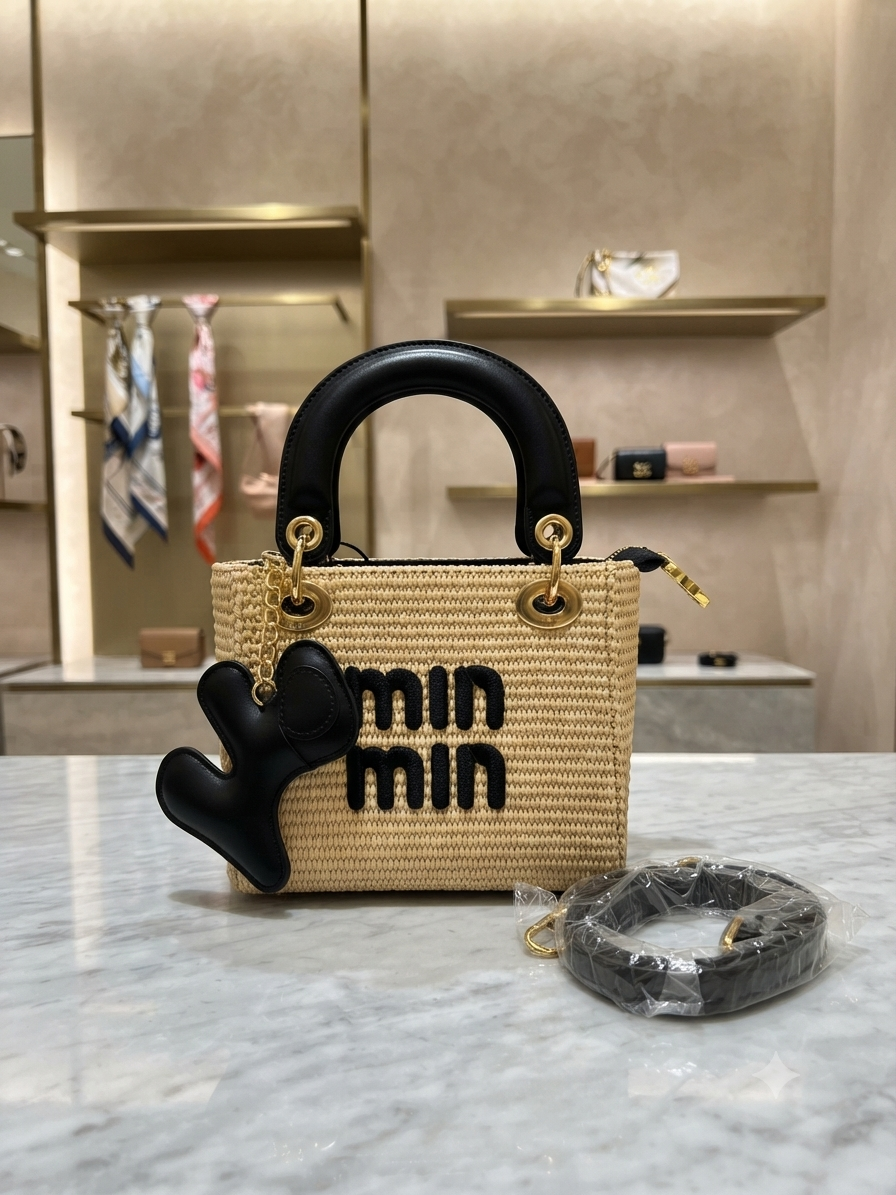Woven Jute Top Handle Bag with Playful Accent Charm and Detachable Strap