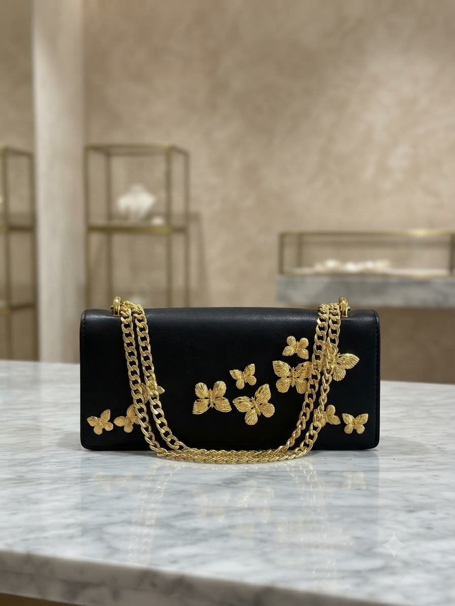 Anti-Tarnish Gold Butterfly Embellished Black Handbag with Gold Chain Strap