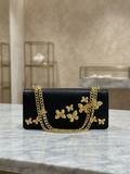Anti-Tarnish Gold Butterfly Embellished Black Handbag with Gold Chain Strap