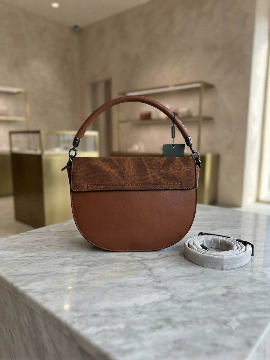 Monogram Flap Saddle Handbag with Top Handle and Detachable Strap
