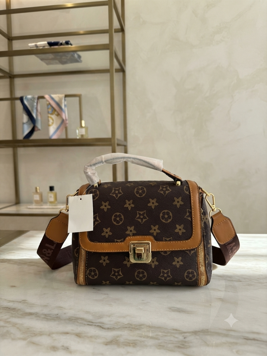 Chic Monogram Print Crossbody Bag with Top Handle & Adjustable Strap