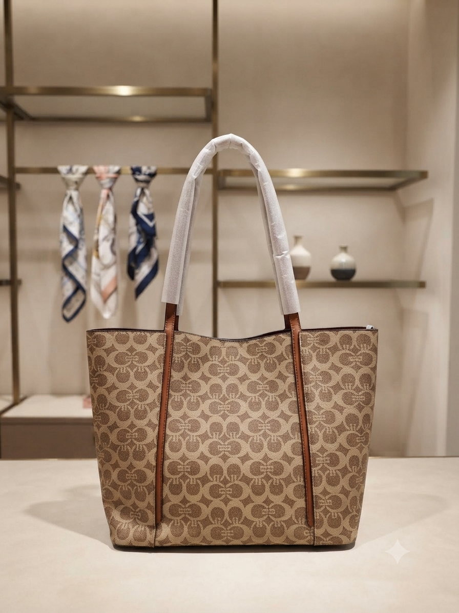Premium Monogram Coated Canvas Tote Bag with Top Handles & Detachable Strap