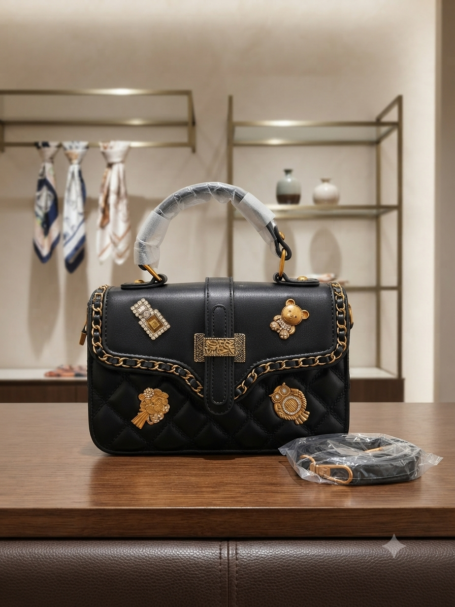 Anti-Tarnish Quilted Chain-Trimmed Satchel with Embellishments, Top Handle, and Detachable Strap