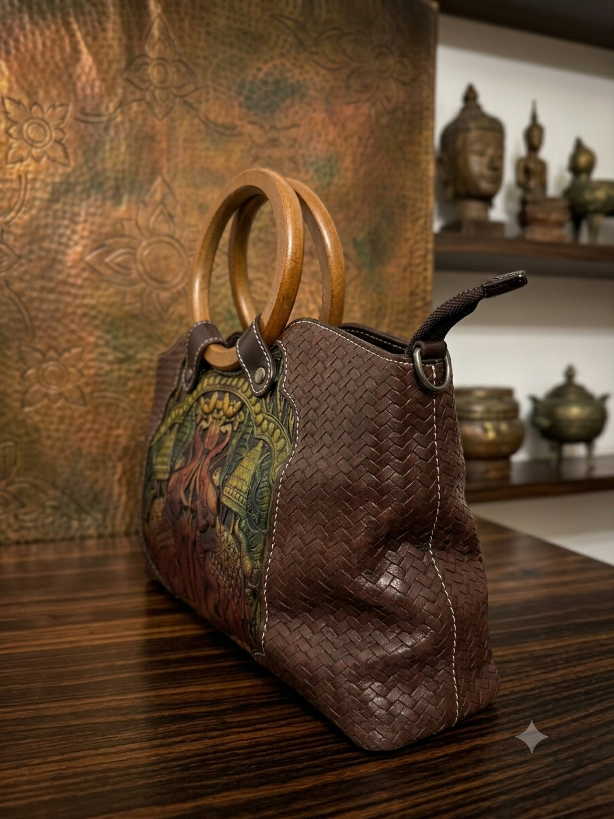 Embossed Elephant Woven Leather Handbag