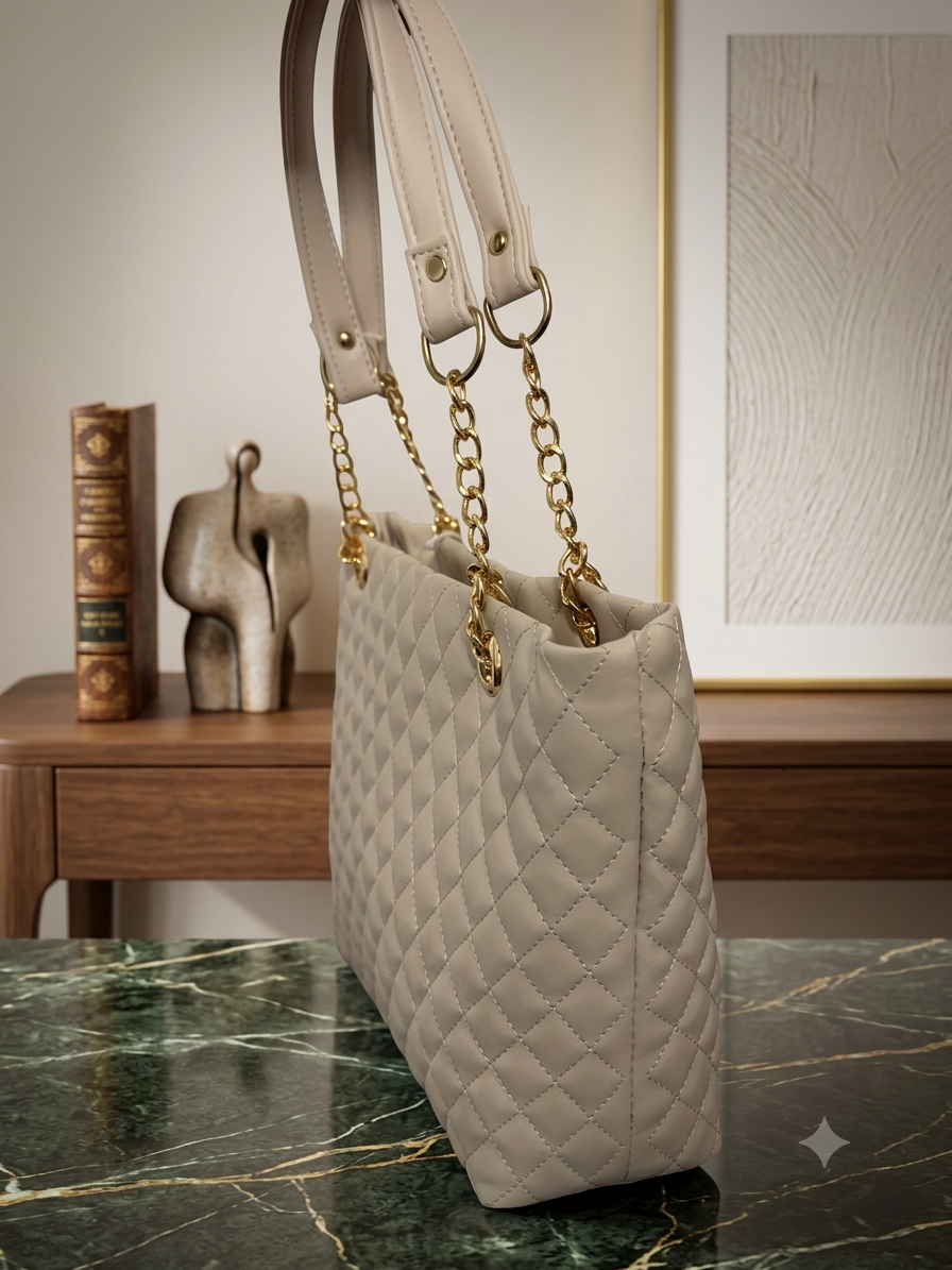 Quilted Leather-Look Tote Bag with Gold Chains