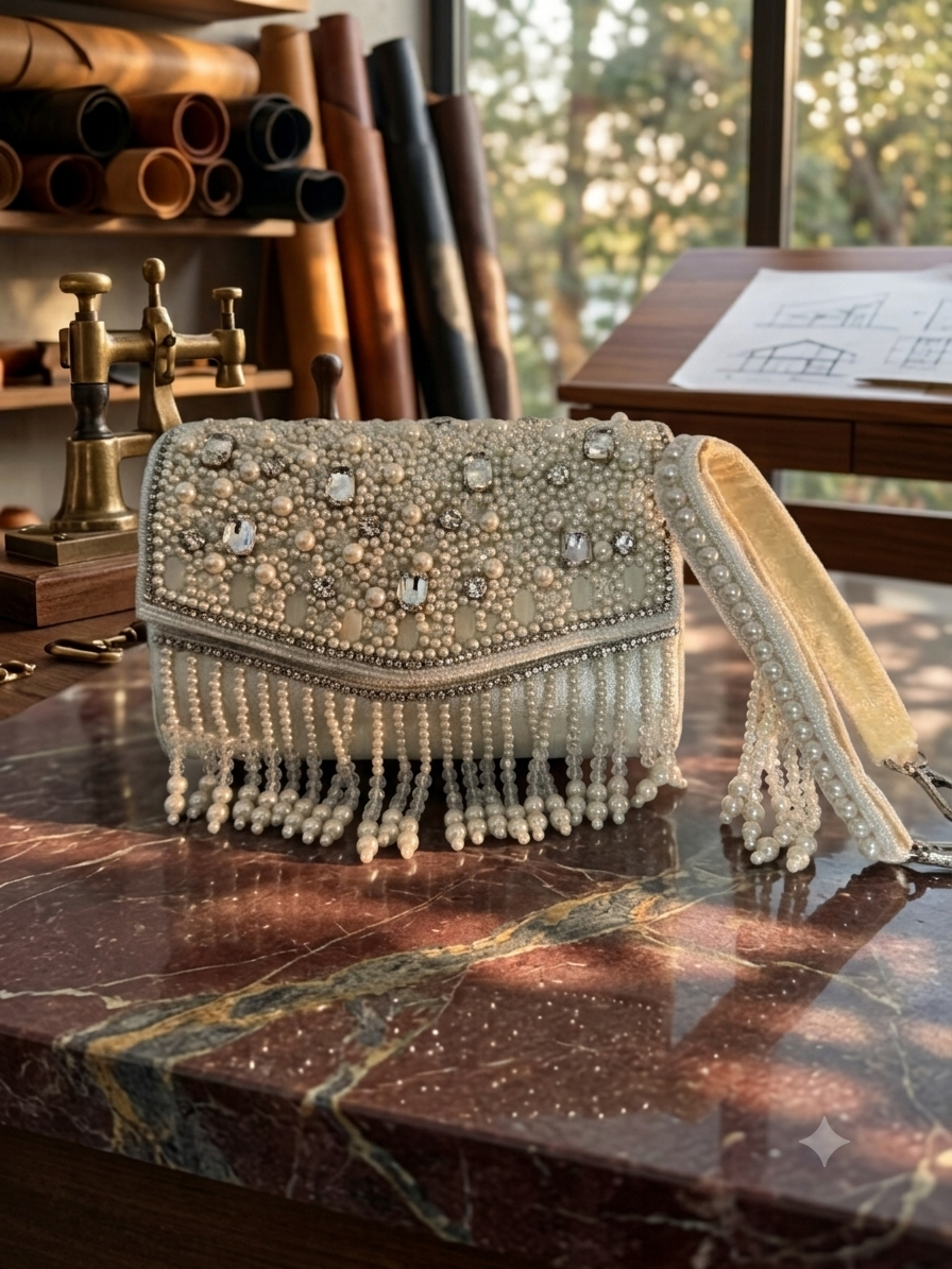 Royale Pearl & Crystal Embellished Cylinder Evening Bag with Fringed Tassels