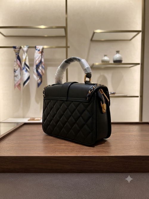 Anti-Tarnish Quilted Chain-Trimmed Satchel with Embellishments, Top Handle, and Detachable Strap