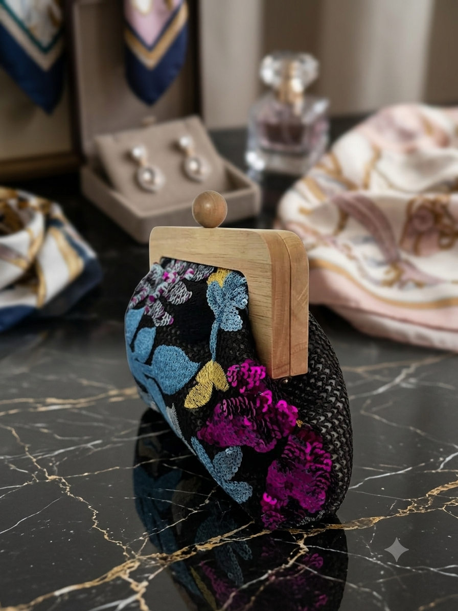 Botanical Sequin & Floral Embroidered Clutch with Natural Wooden Clasp