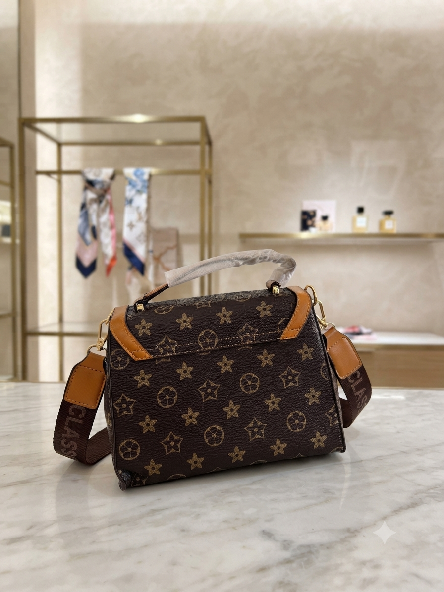 Chic Monogram Print Crossbody Bag with Top Handle & Adjustable Strap