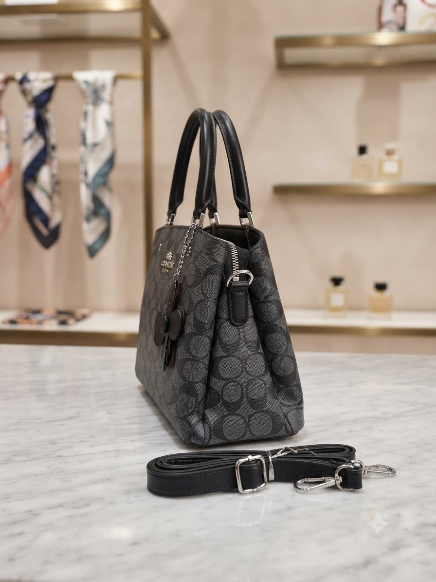 Elegant Monogram Signature Satchel Bag with Flower Charm & Crossbody Strap