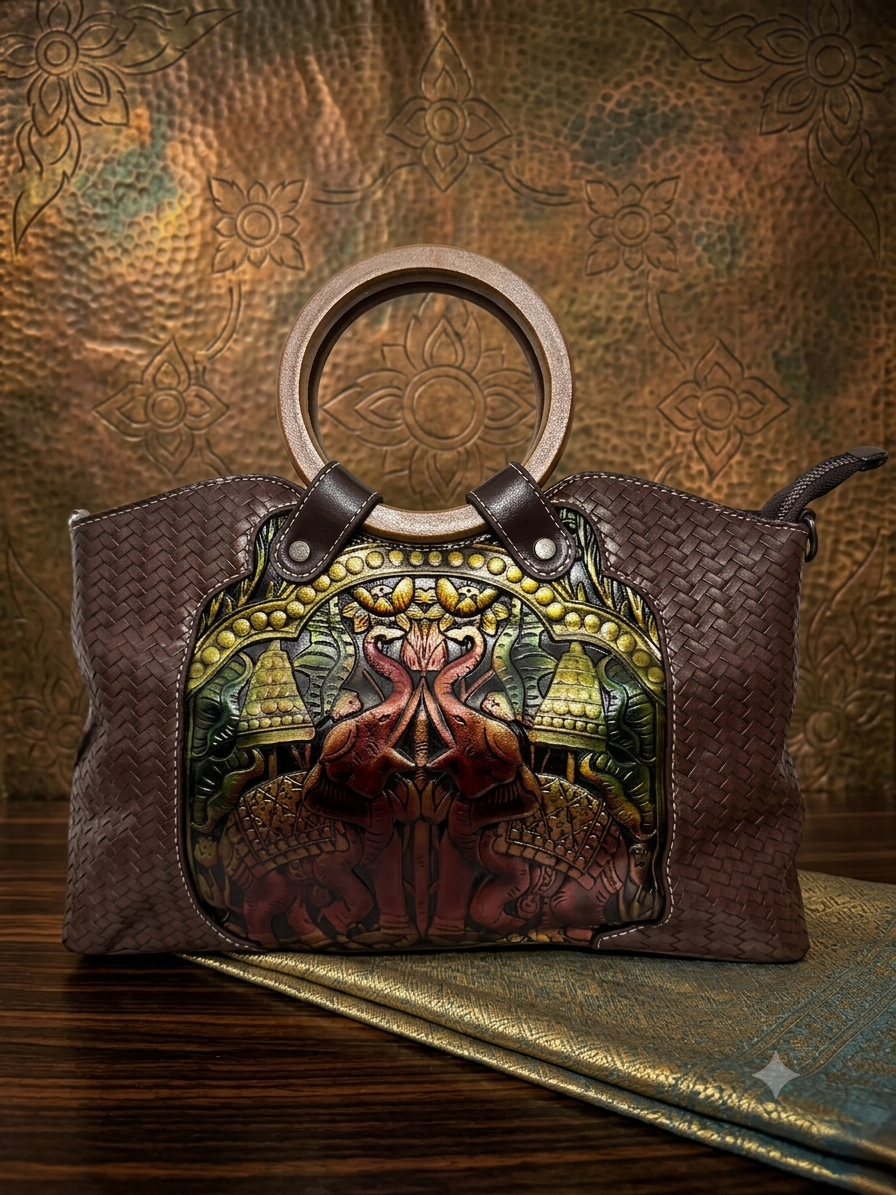 Embossed Elephant Woven Leather Handbag