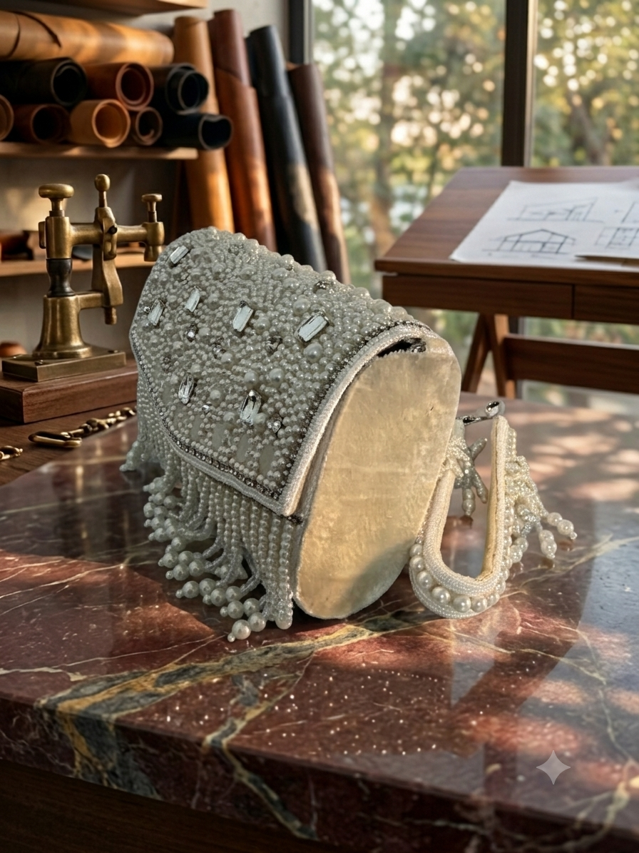 Royale Pearl & Crystal Embellished Cylinder Evening Bag with Fringed Tassels