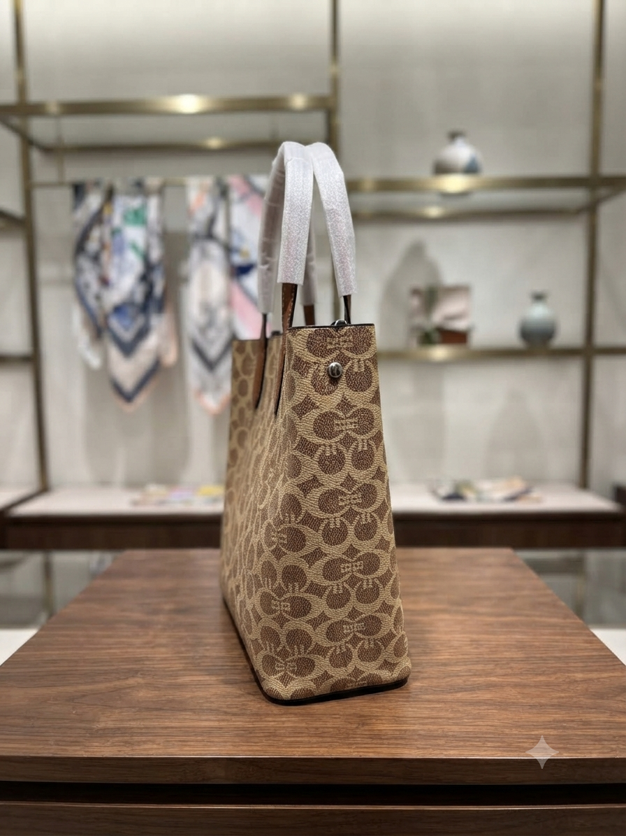 Premium Monogram Coated Canvas Tote Bag with Top Handles & Detachable Strap