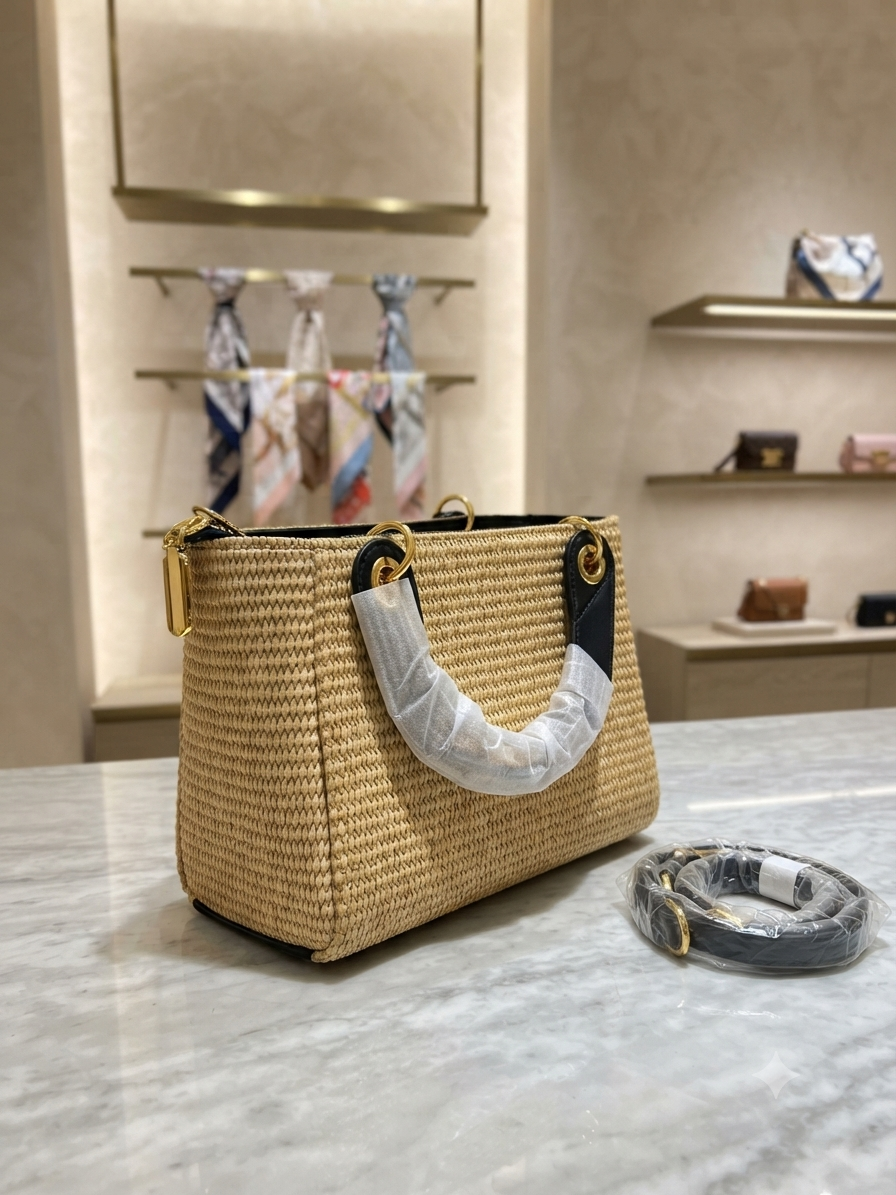 Woven Jute Top Handle Bag with Playful Accent Charm and Detachable Strap