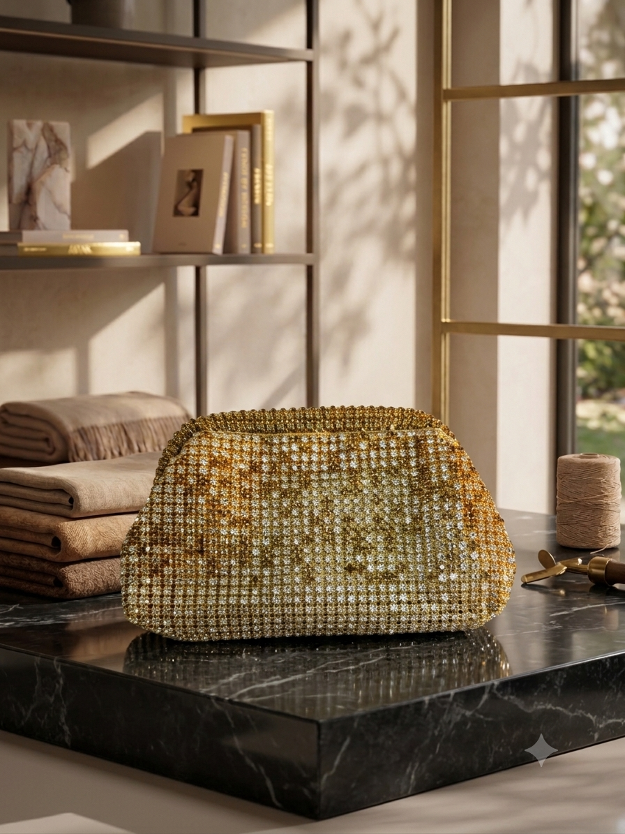 Gilded Luminescence: Crystal Embellished Evening Clutch