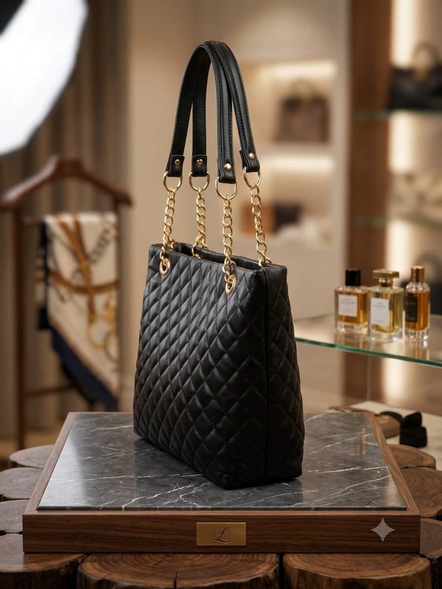 Quilted Leather-Look Tote Bag with Gold Chains