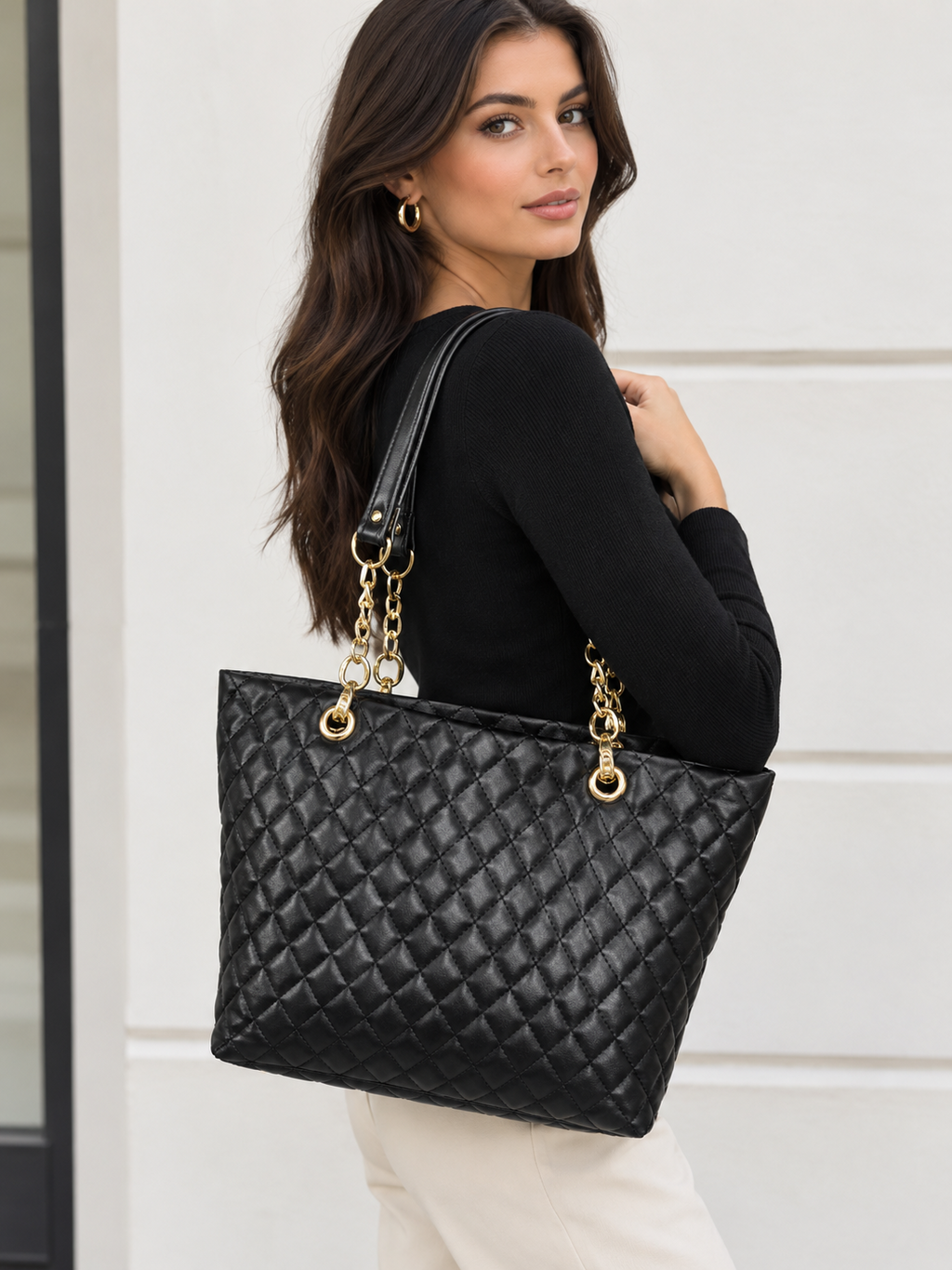 Quilted Leather-Look Tote Bag with Gold Chains