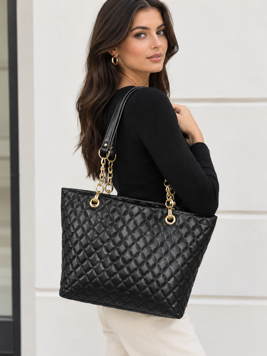 Quilted Leather-Look Tote Bag with Gold Chains