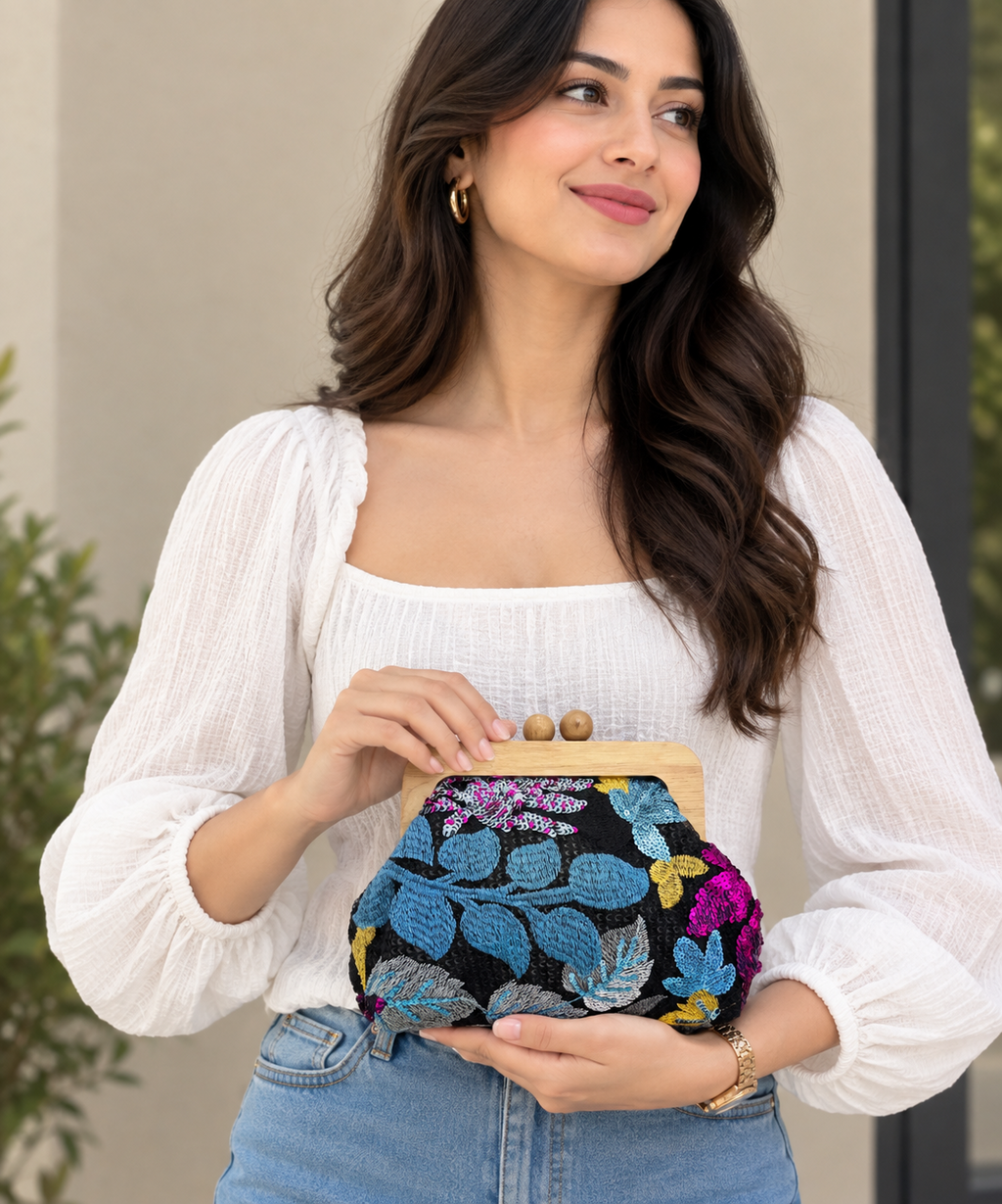 Botanical Sequin & Floral Embroidered Clutch with Natural Wooden Clasp