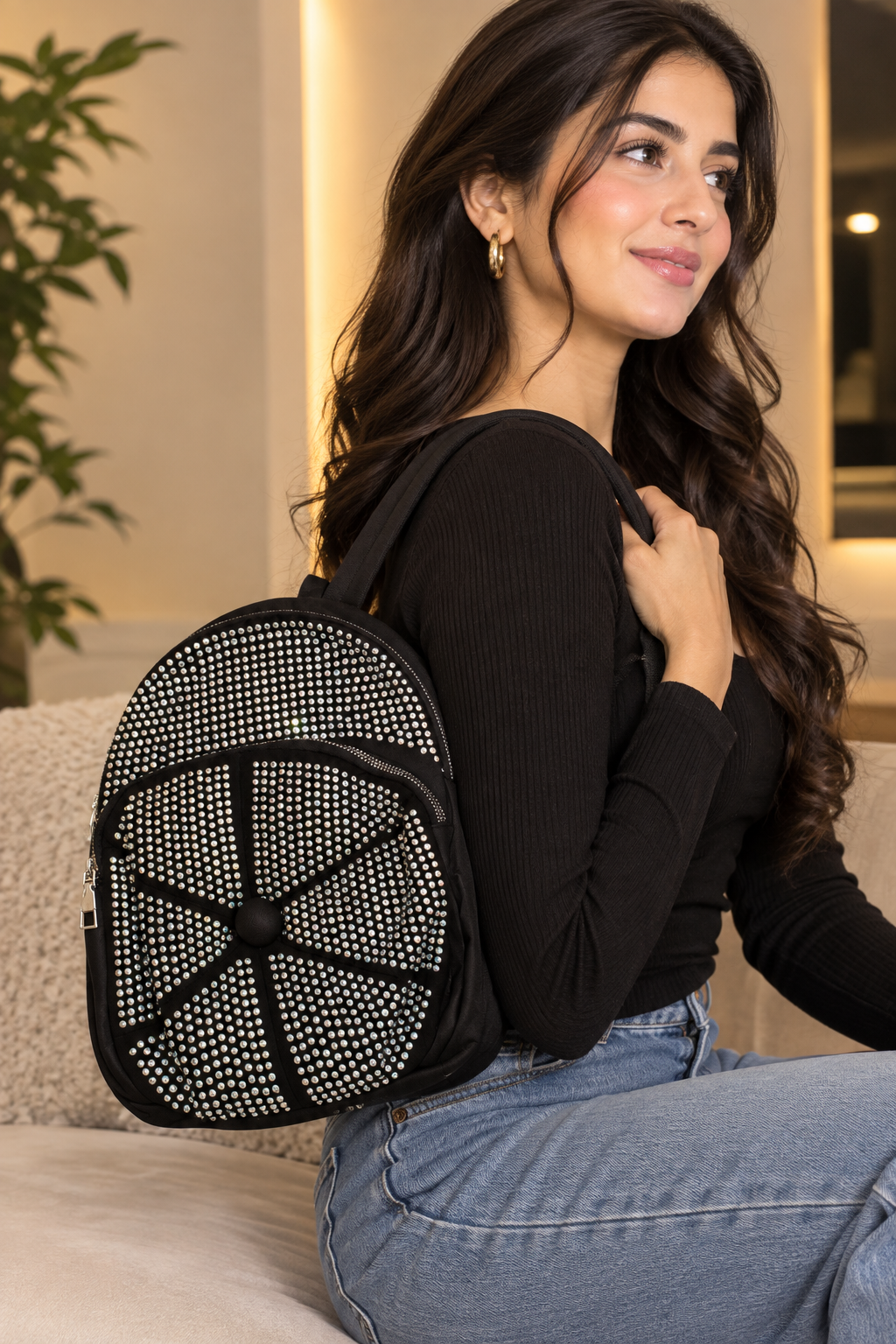 Rhinestone Embellished Black Mini Backpack