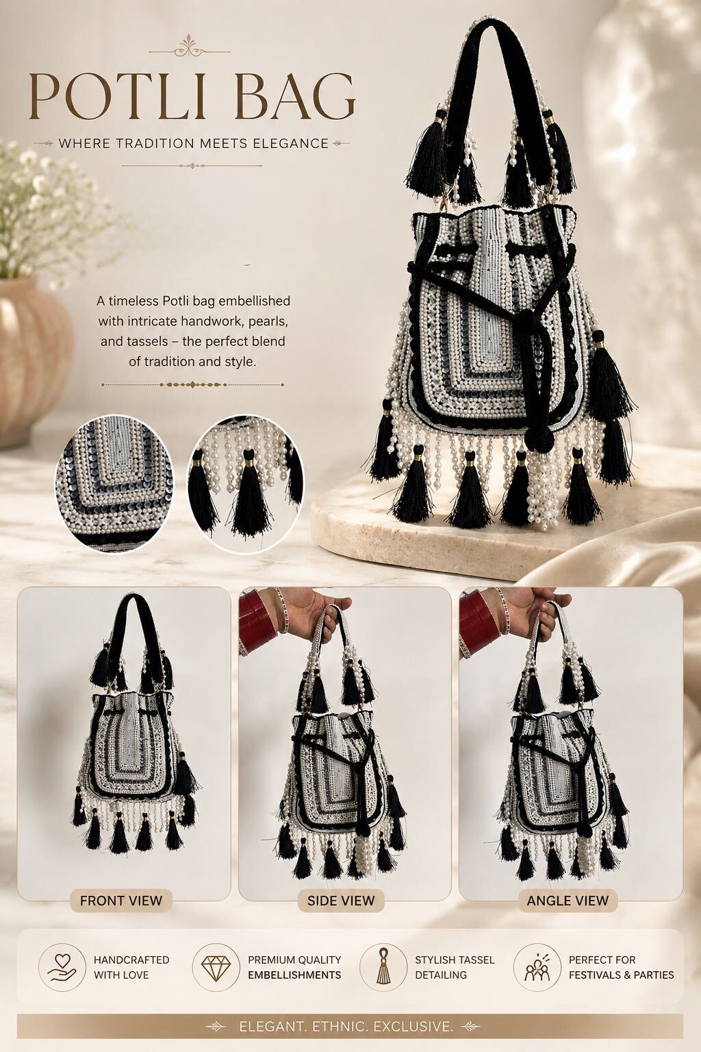 Handcrafted Black & Pearl Embellished Potli Bag with Tassels