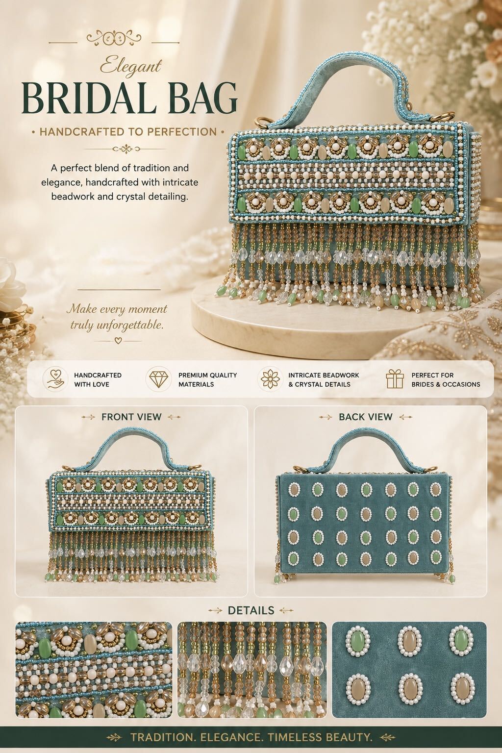 Handcrafted Tropical Sky Blue & Crystal Embellished Bridal Clutch Bag 🪞💚