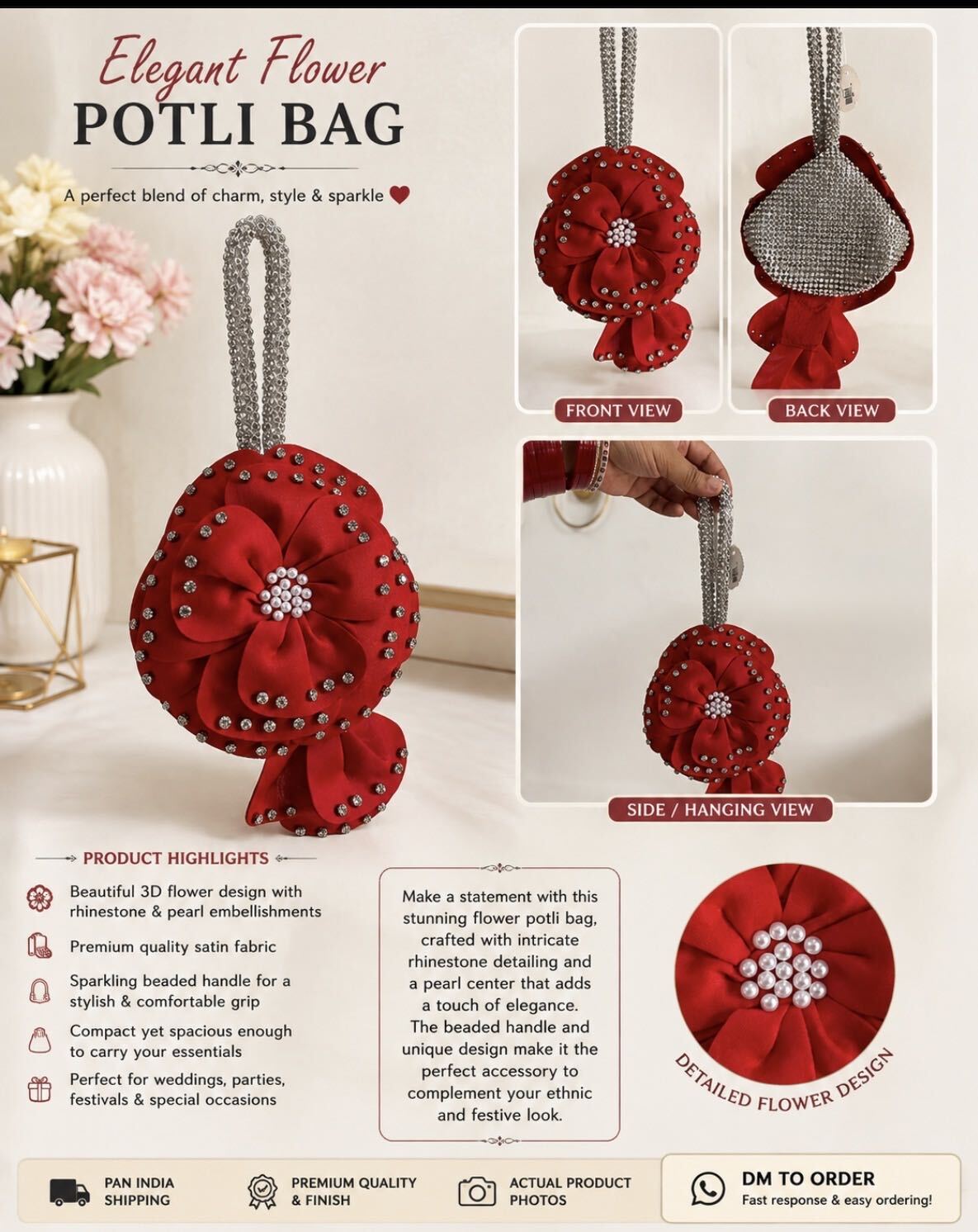 Handcrafted Red 3D Flower Potli Bag with Pearl & Rhinestone Detailing