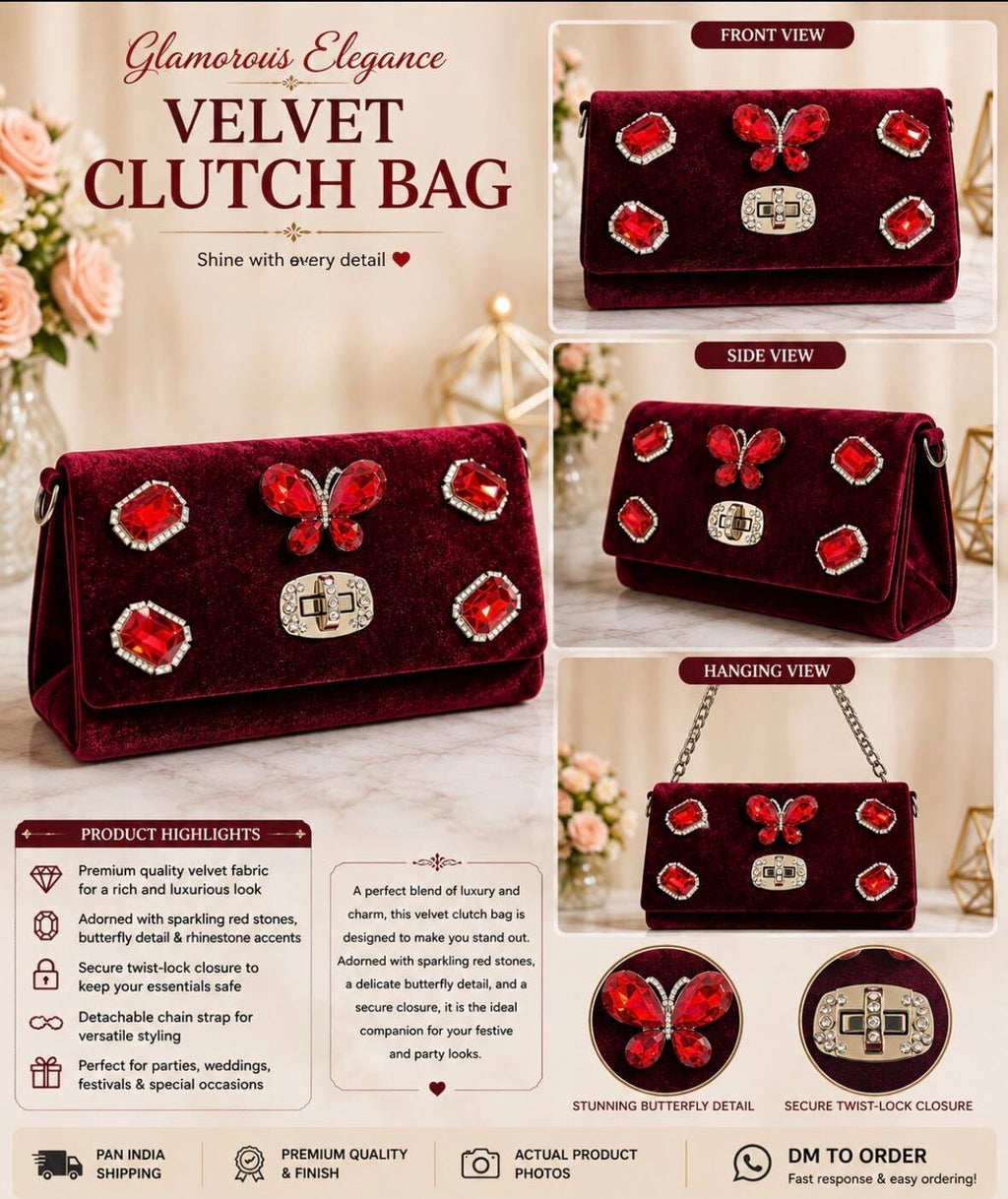 Glamorous Red Crystal Butterfly Velvet Clutch Bag