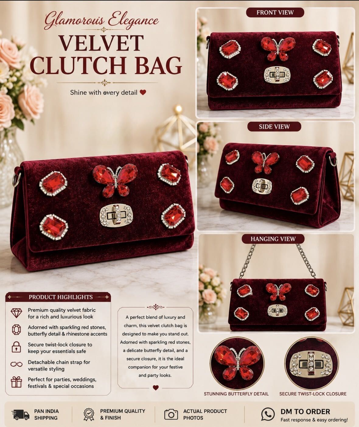 Glamorous Red Crystal Butterfly Velvet Clutch Bag