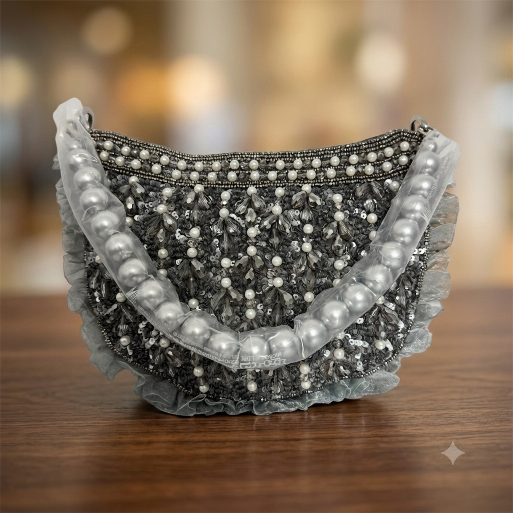 Handcrafted Charcoal Pearl Embellished Crescent Bag