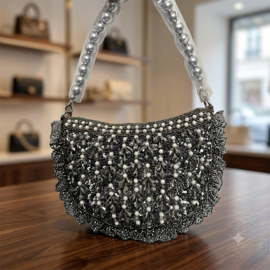 Handcrafted Charcoal Pearl Embellished Crescent Bag