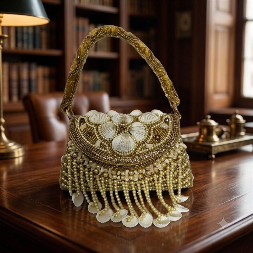 Handcrafted Golden Seashell & Pearl Embellished Flap Bag