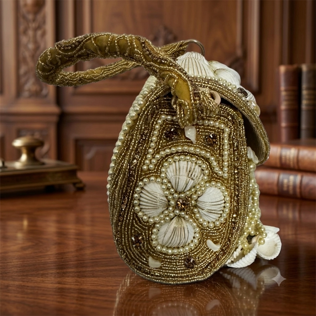 Handcrafted Golden Seashell & Pearl Embellished Flap Bag