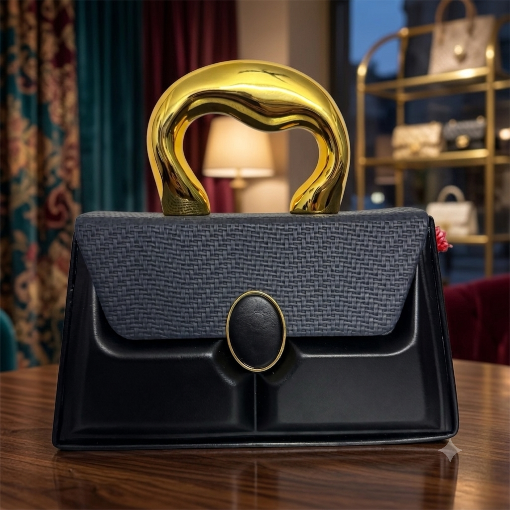 Statement Handle Black Handbag with Gold Detailing