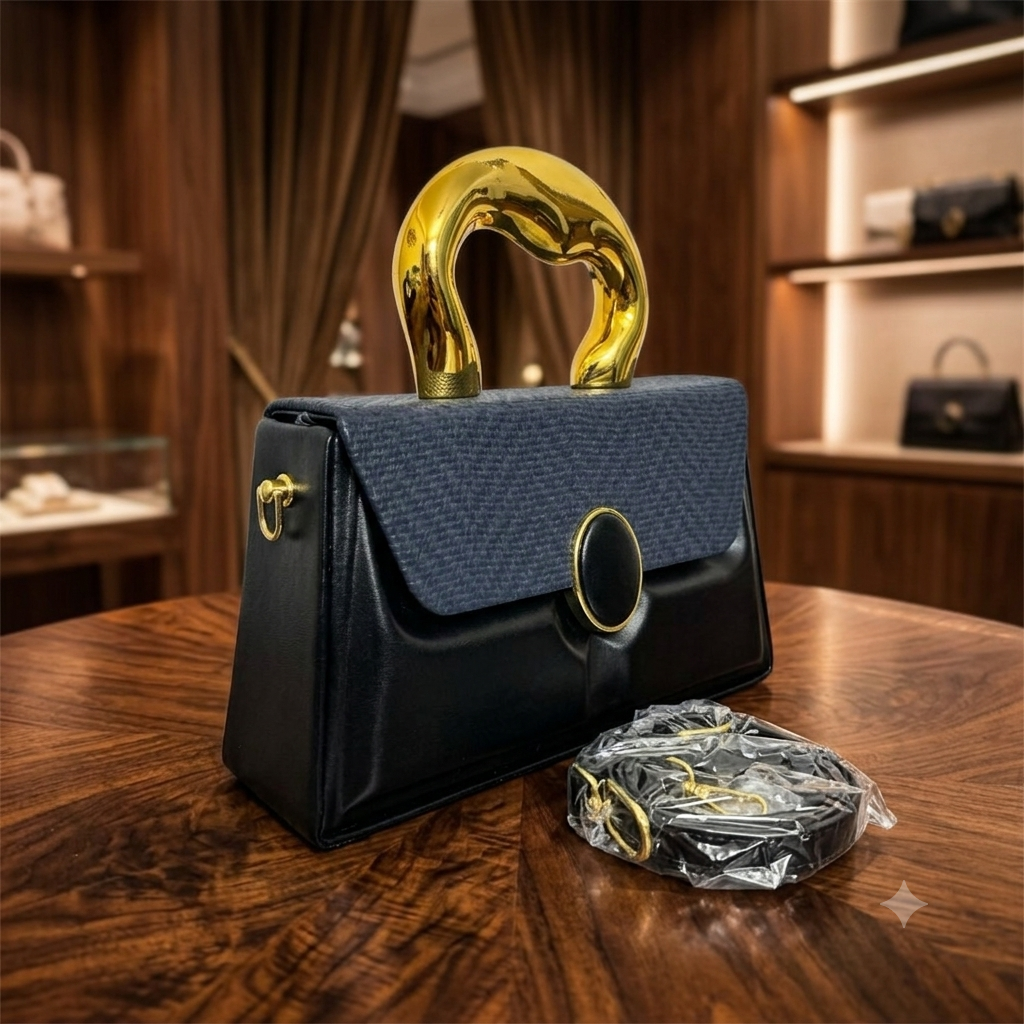 Statement Handle Black Handbag with Gold Detailing