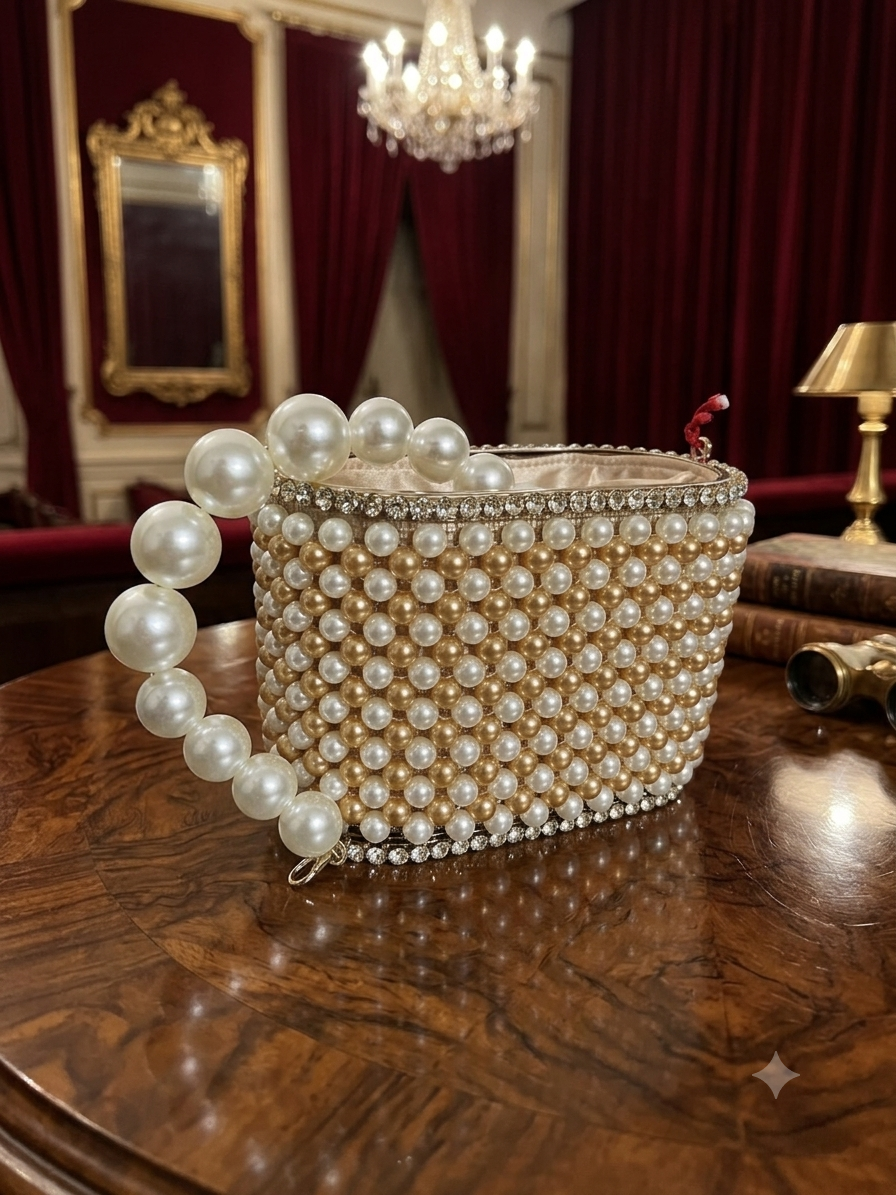 Elegant Satin & Graduated Pearl Bucket Potli Bag