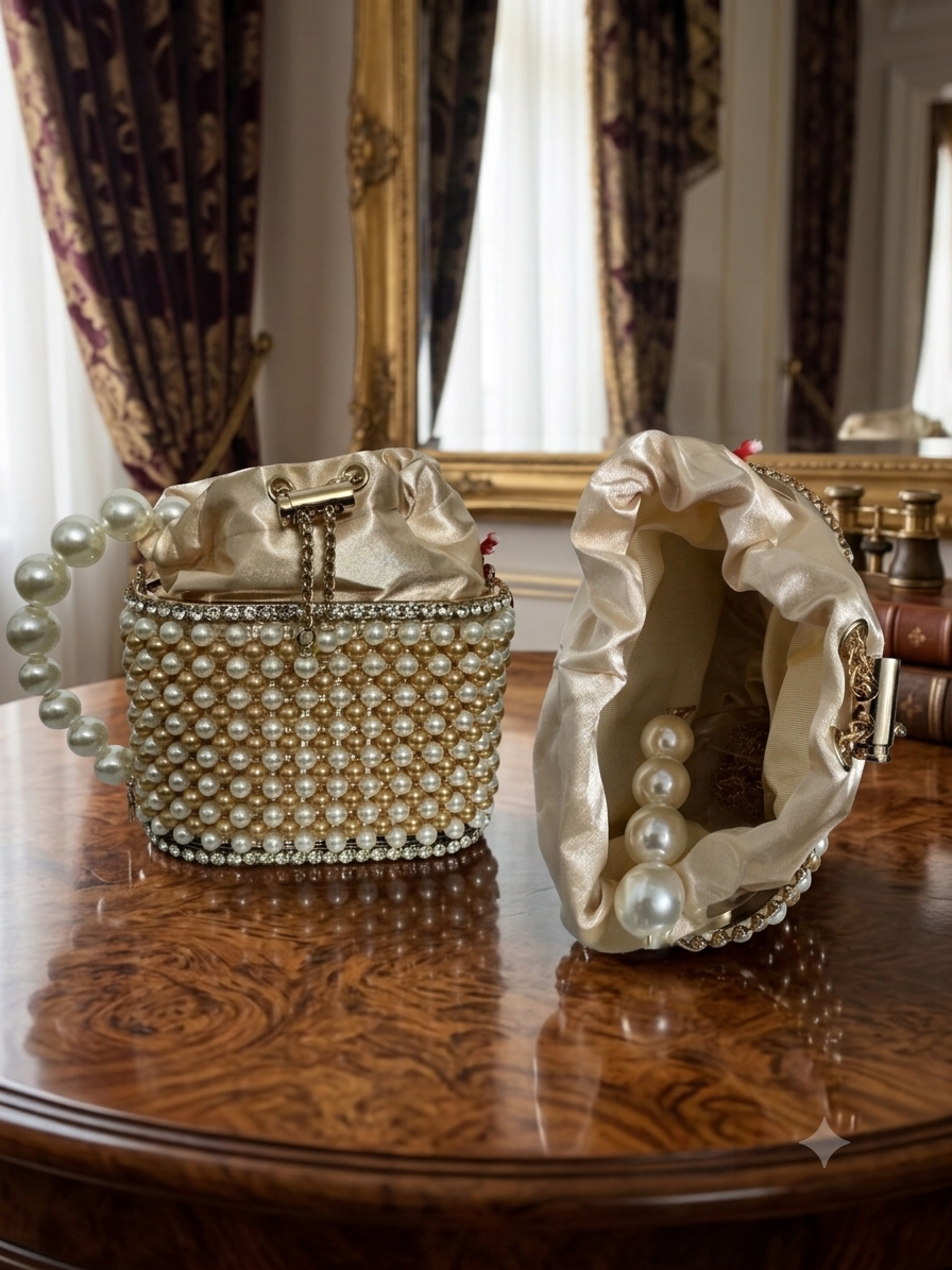 Elegant Satin & Graduated Pearl Bucket Potli Bag