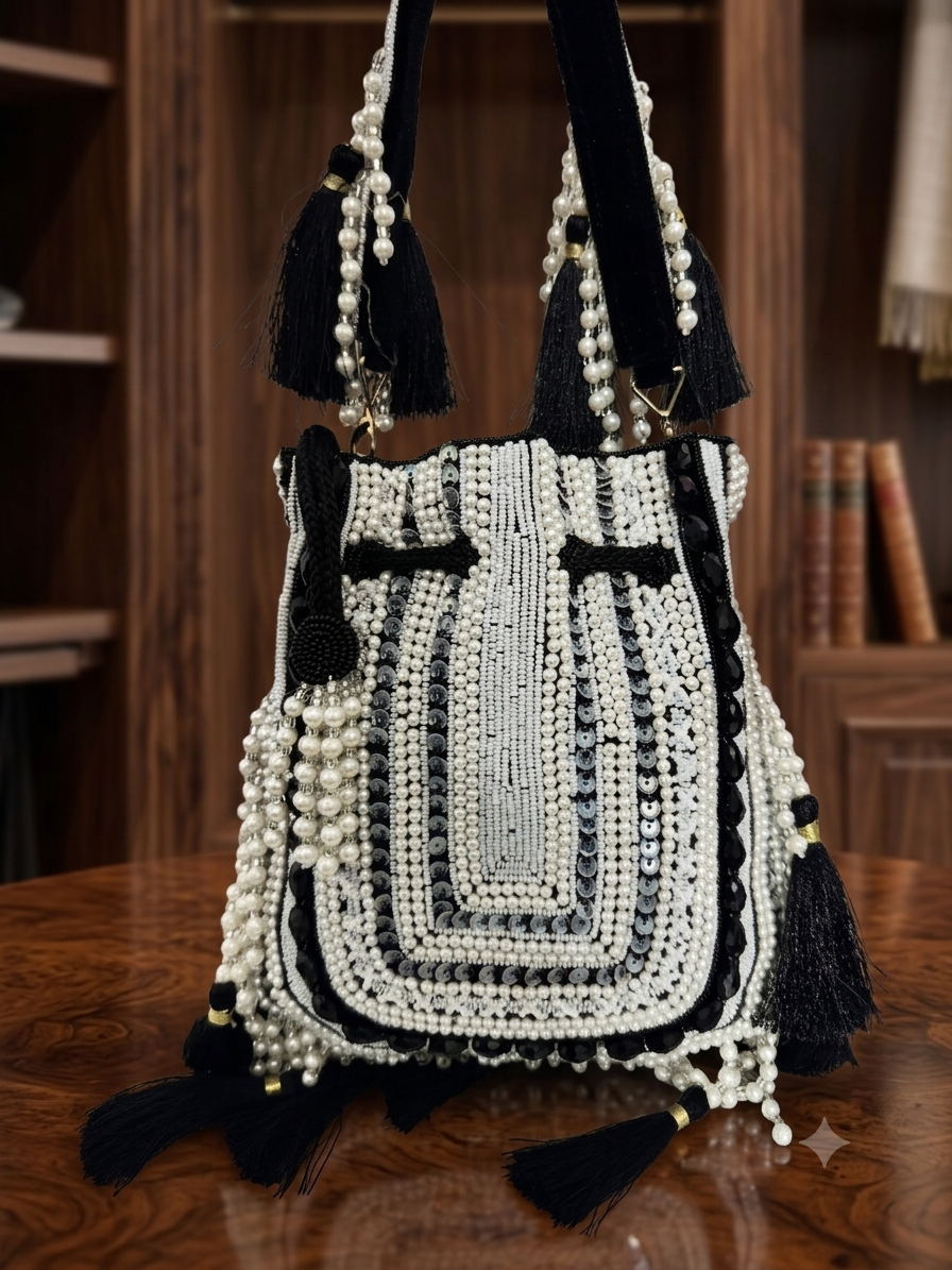 Handcrafted Black & Pearl Embellished Potli Bag with Tassels