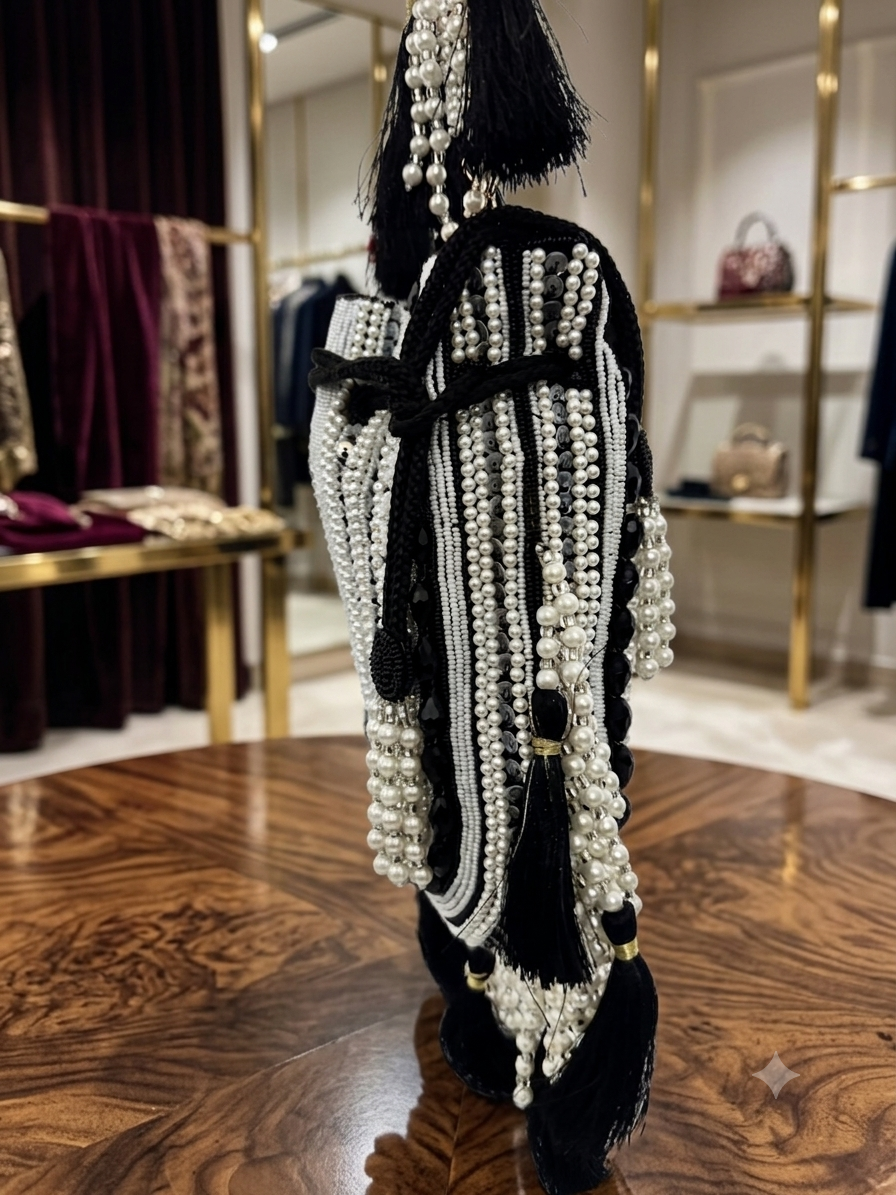 Handcrafted Black & Pearl Embellished Potli Bag with Tassels