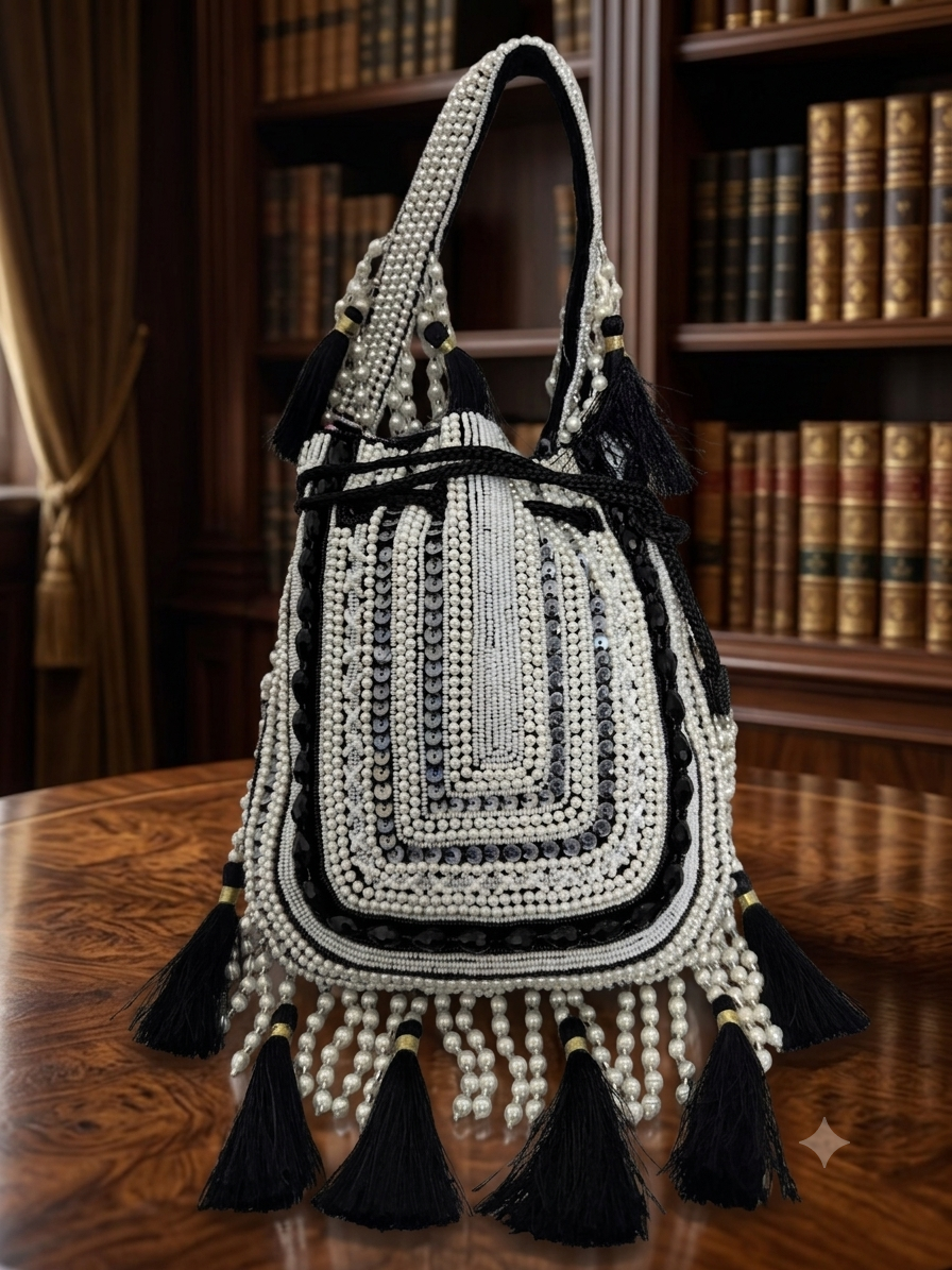 Handcrafted Black & Pearl Embellished Potli Bag with Tassels