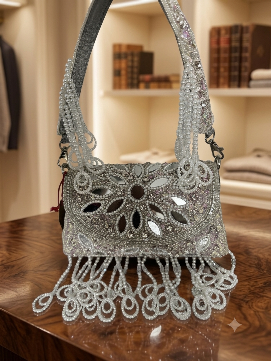 Handcrafted Silver Mirror & Pearl Crescent Bridal Bag