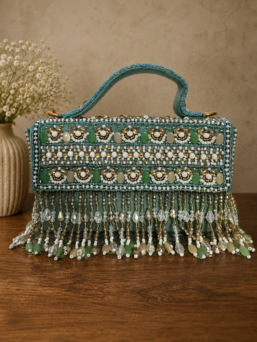 Handcrafted Tropical Sky Blue & Crystal Embellished Bridal Clutch Bag 🪞💚