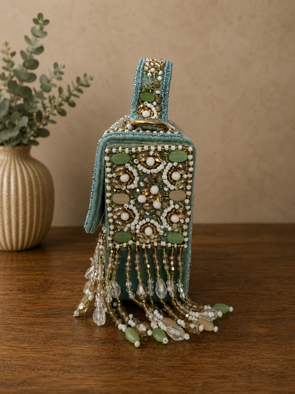 Handcrafted Tropical Sky Blue & Crystal Embellished Bridal Clutch Bag 🪞💚