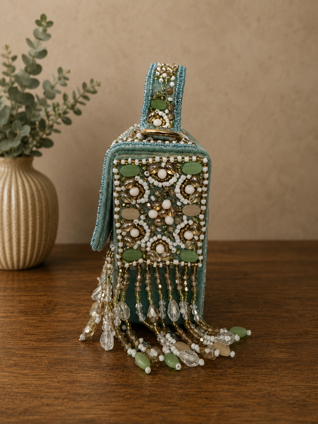 Handcrafted Tropical Sky Blue & Crystal Embellished Bridal Clutch Bag 🪞💚